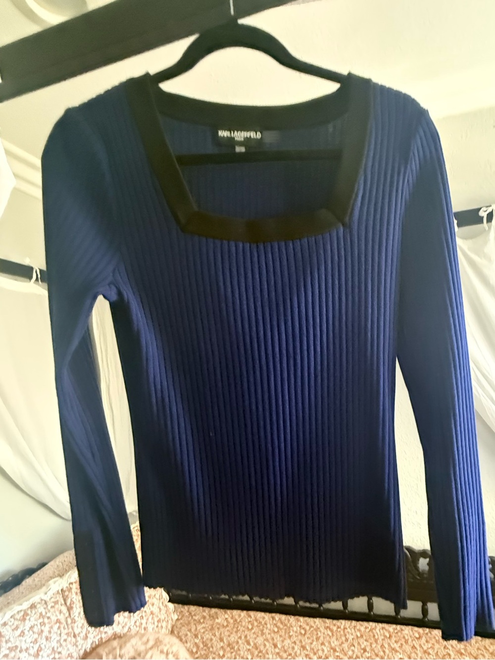 Karl Lagerfeld Navy Ribbed Long Sleeve Top with Black Trim